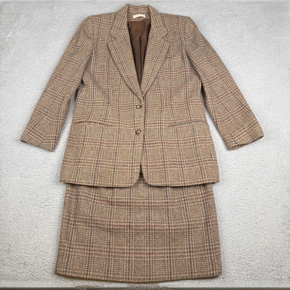 VTG Brooks Brothers Wool Blazer Skirt Suit Set Womens 10 Brown Plaid USA Made